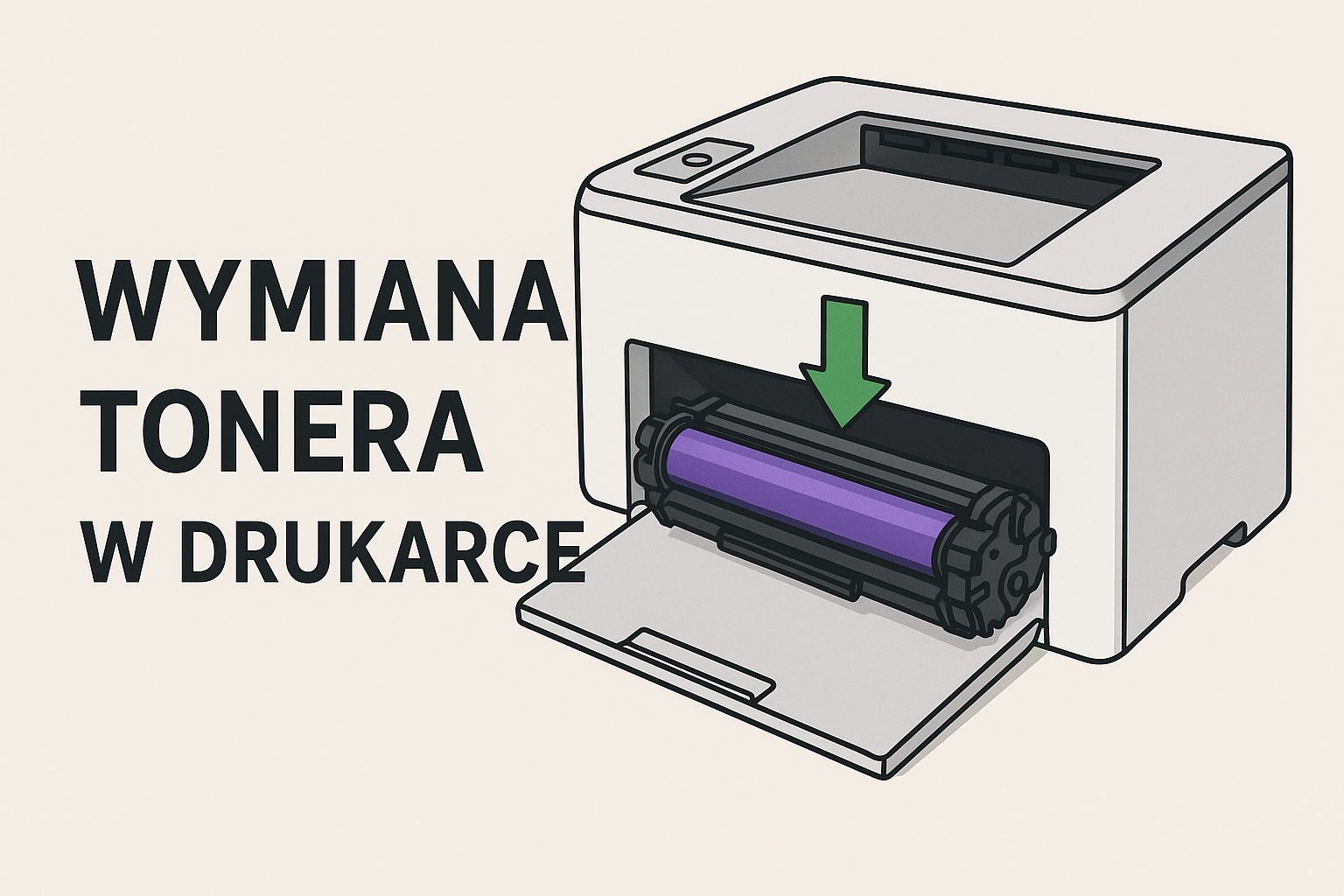 Grafika poglądowa z napisem: wymiana tonera w drukarce